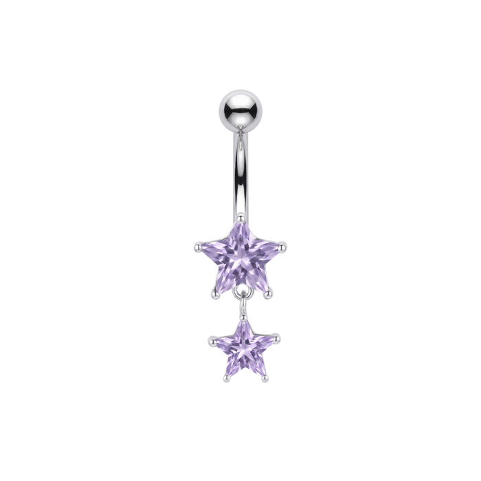 925 Sterling Silver Double Star CZ Dangle Belly Bar