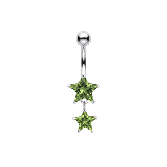 925 Sterling Silver Double Star CZ Dangle Belly Bar