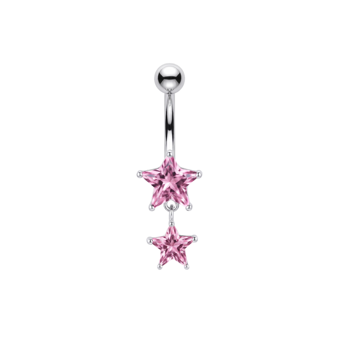 925 Sterling Silver Double Star CZ Dangle Belly Bar