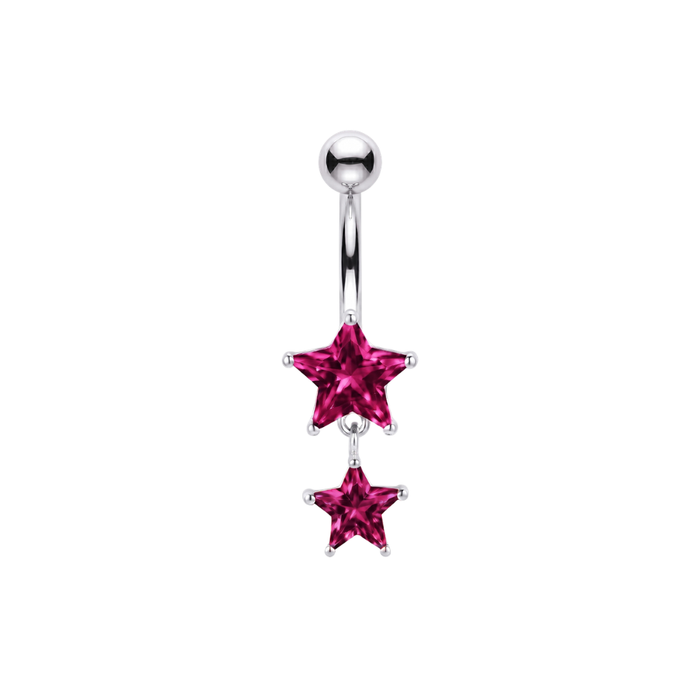 925 Sterling Silver Double Star CZ Dangle Belly Bar