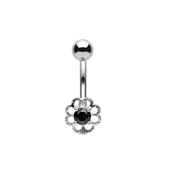 925 Sterling Silver Flower CZ Non Dangle Belly Button Ring