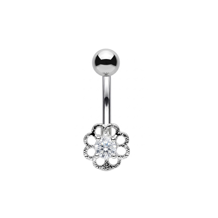 925 Sterling Silver Flower CZ Non Dangle Belly Button Ring