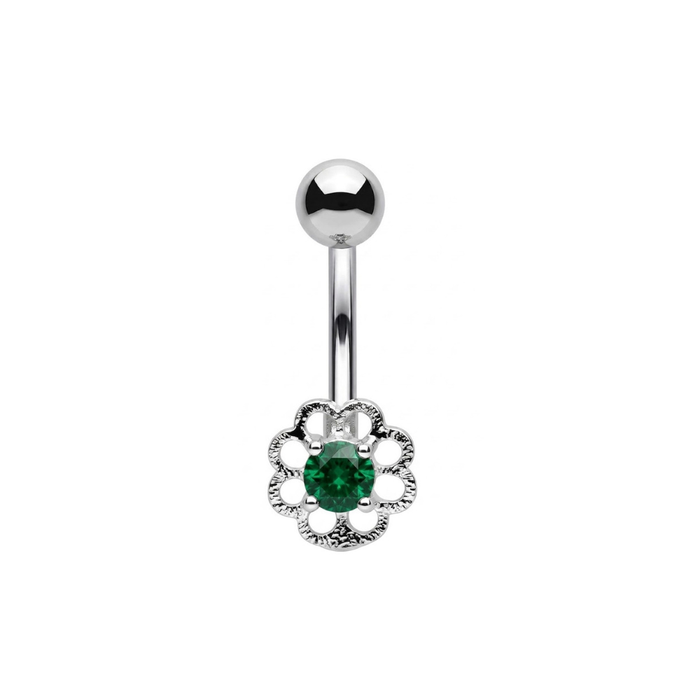 925 Sterling Silver Flower CZ Non Dangle Belly Button Ring