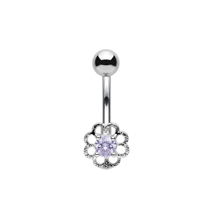925 Sterling Silver Flower CZ Non Dangle Belly Button Ring