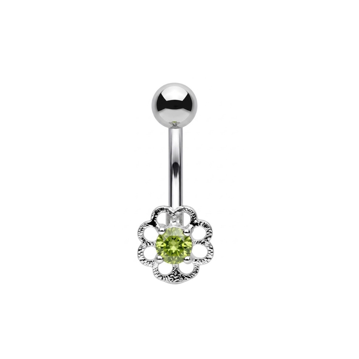 925 Sterling Silver Flower CZ Non Dangle Belly Button Ring