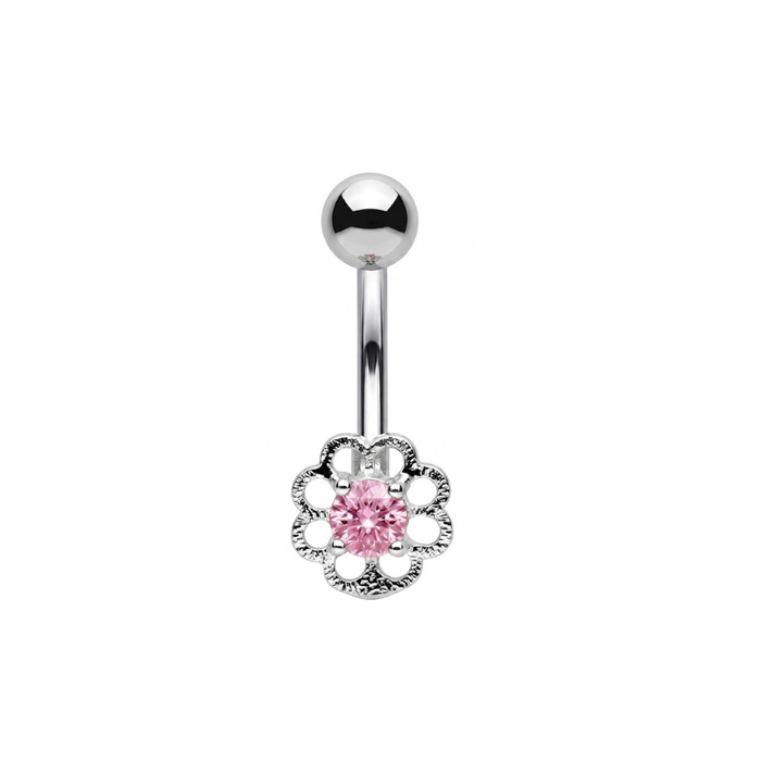 925 Sterling Silver Flower CZ Non Dangle Belly Button Ring