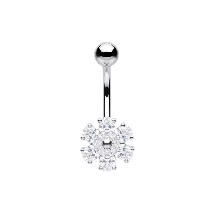 925 Sterling Silver Six Petal CZ Flower Non Dangle Belly Button Ring