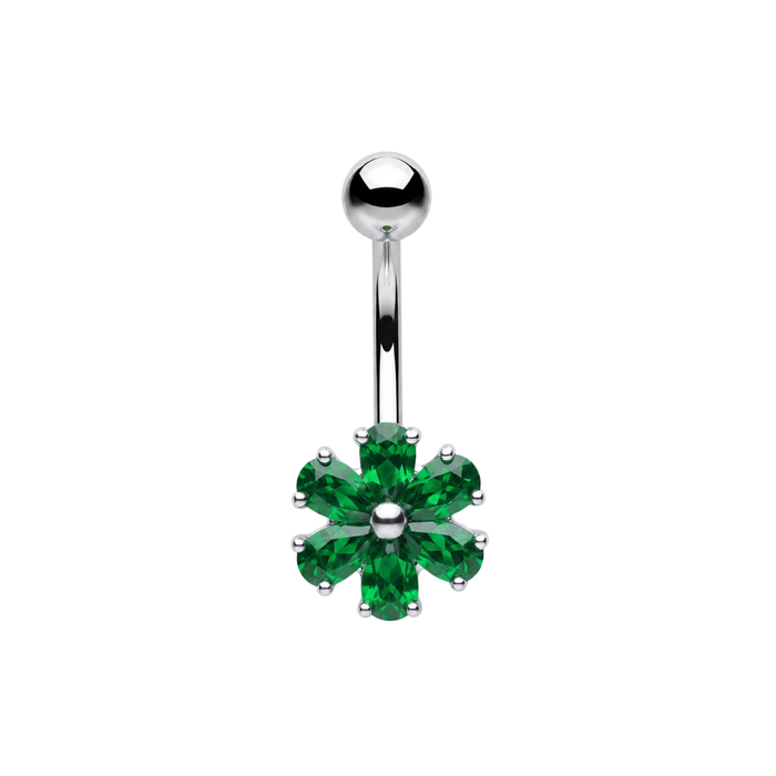 925 Sterling Silver Six Petal CZ Flower Non Dangle Belly Button Ring