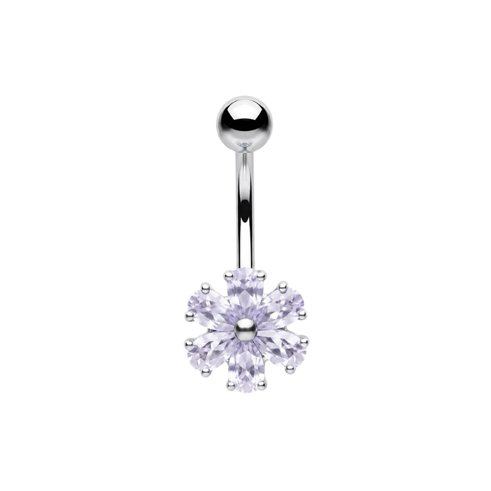 925 Sterling Silver Six Petal CZ Flower Non Dangle Belly Button Ring