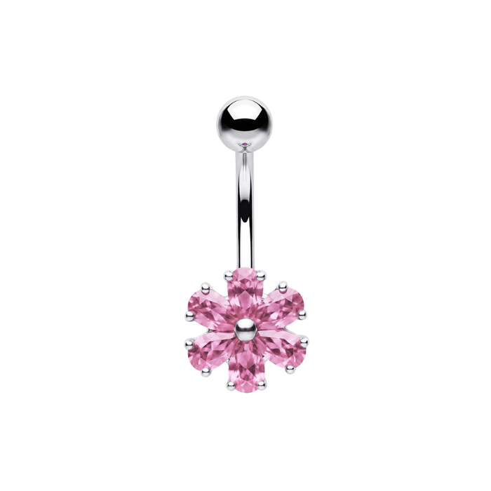 925 Sterling Silver Six Petal CZ Flower Non Dangle Belly Button Ring