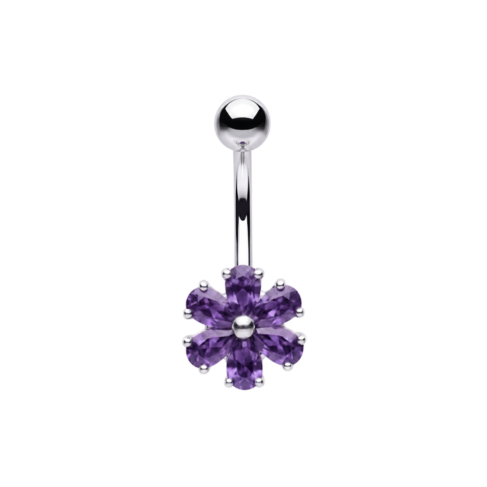 925 Sterling Silver Six Petal CZ Flower Non Dangle Belly Button Ring