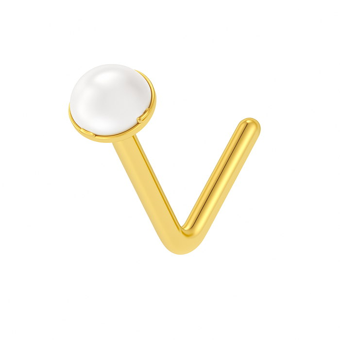 9K Gold L-Shaped Pearl Nose Stud - Monster Piercing