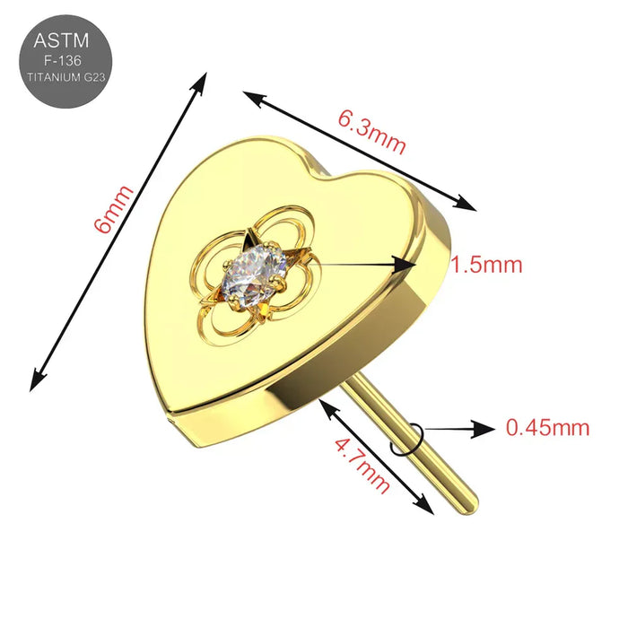 G23 Titanium CZ Studded Heart Threadless Flatback Stud