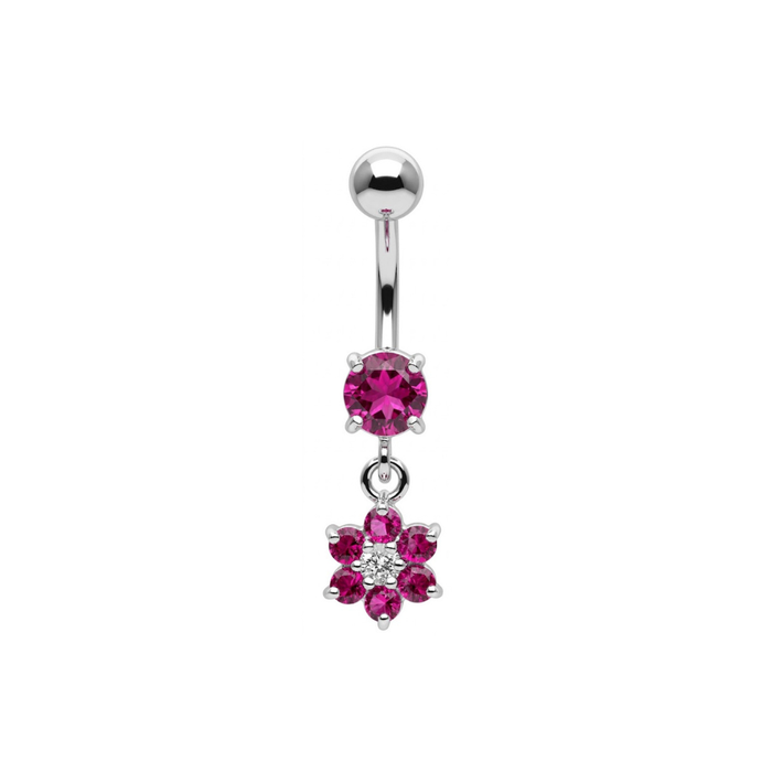 925 Sterling Silver Dangling CZ Jewelled Flower Belly Bar