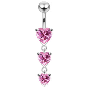 925 Sterling Silver Charm Trio Heart Jewelled Moving Navel Ring