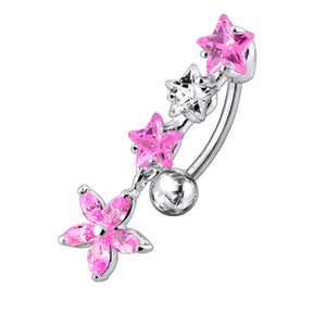 925 Sterling Silver Flower Dangling Jewelled Navel Banana