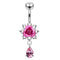 925 Sterling Silver Moving Flower Design Jewelled Belly Ring