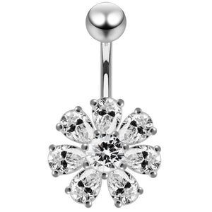 925 Sterling Silver Jewelled Flower navel belly Bar