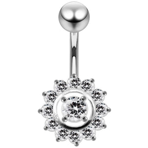 925 Sterling Silver Fancy Jewelled Sun Flower SS Curved Bar Belly Ring