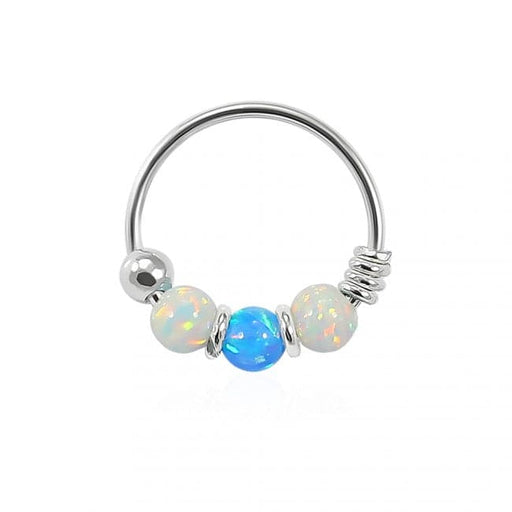 925 Sterling Silver AB with Dark Blue Opal Bead in Center Nose Hoop Ring - Monster Piercing