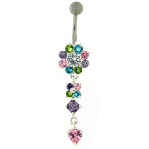 925 Sterling Silver Flower Jewelled Dangling 316L SS Curved Belly Ring - Monster Piercing